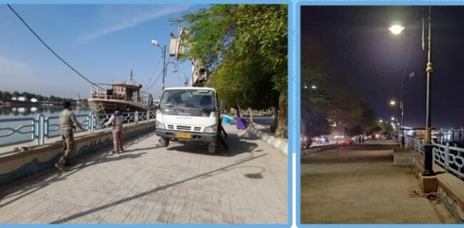 آغاز عملیات نورپردازی و تامین روشنایی پیاده رو بلوارهای ساحلی توسط شهرداری خرمشهر